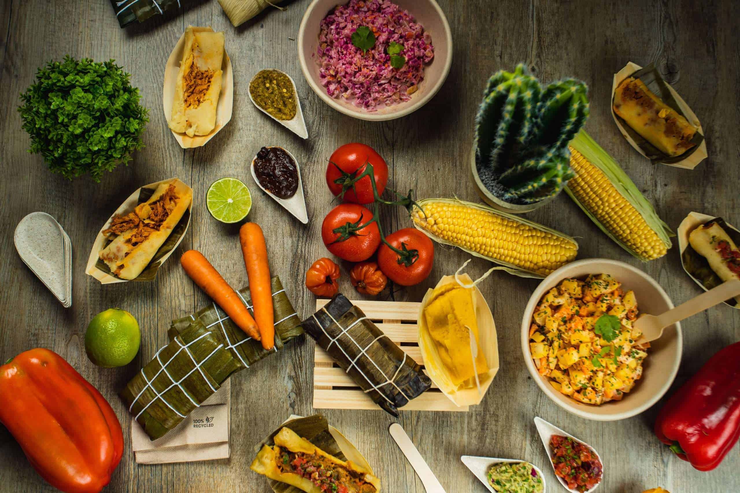 I LOVE FOOD SERIES. Latin American food on a wooden table with f