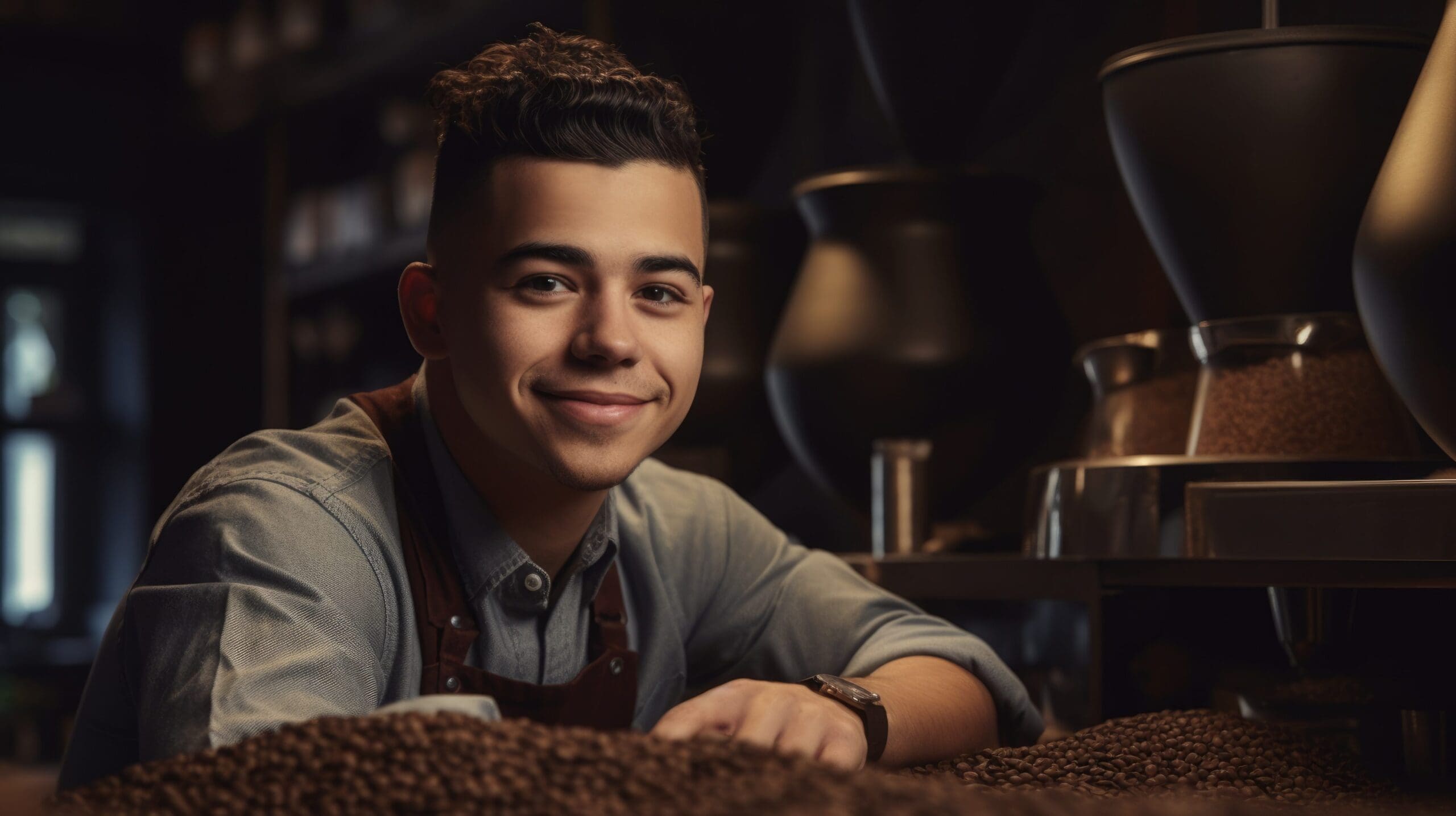 Barista Male Hispanic Young Adult Roasting coffee beans in the back room in coffee shop.