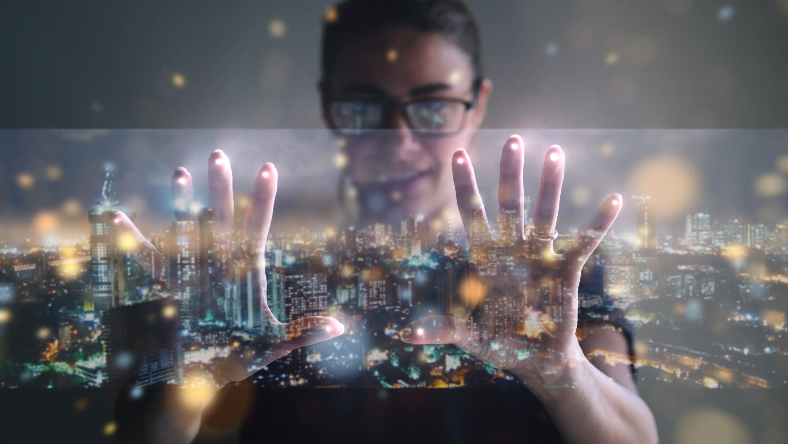 Portrait of an young man is using the futuristic latest innovati