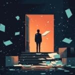 A silhouette stands before a glowing door, surrounded by floating papers and boxes.