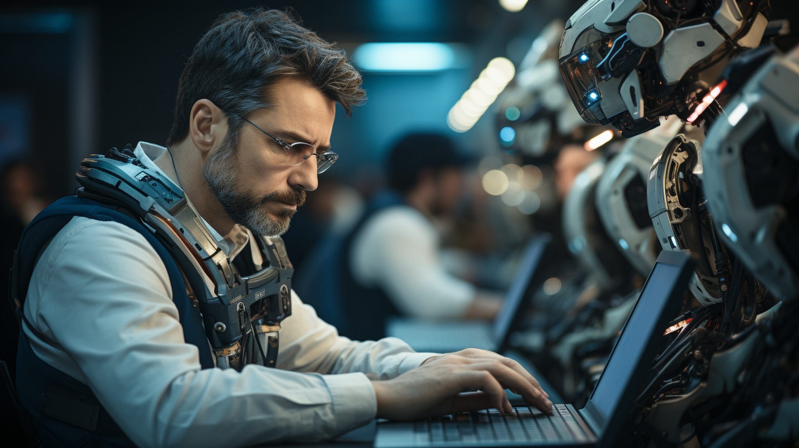 The presence of a robot using a computer. Office keyboard being typed on by machine. future IT group,.