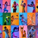 Collage. Athletic young people training, practicing different kind of sports over multicolored background in neon light