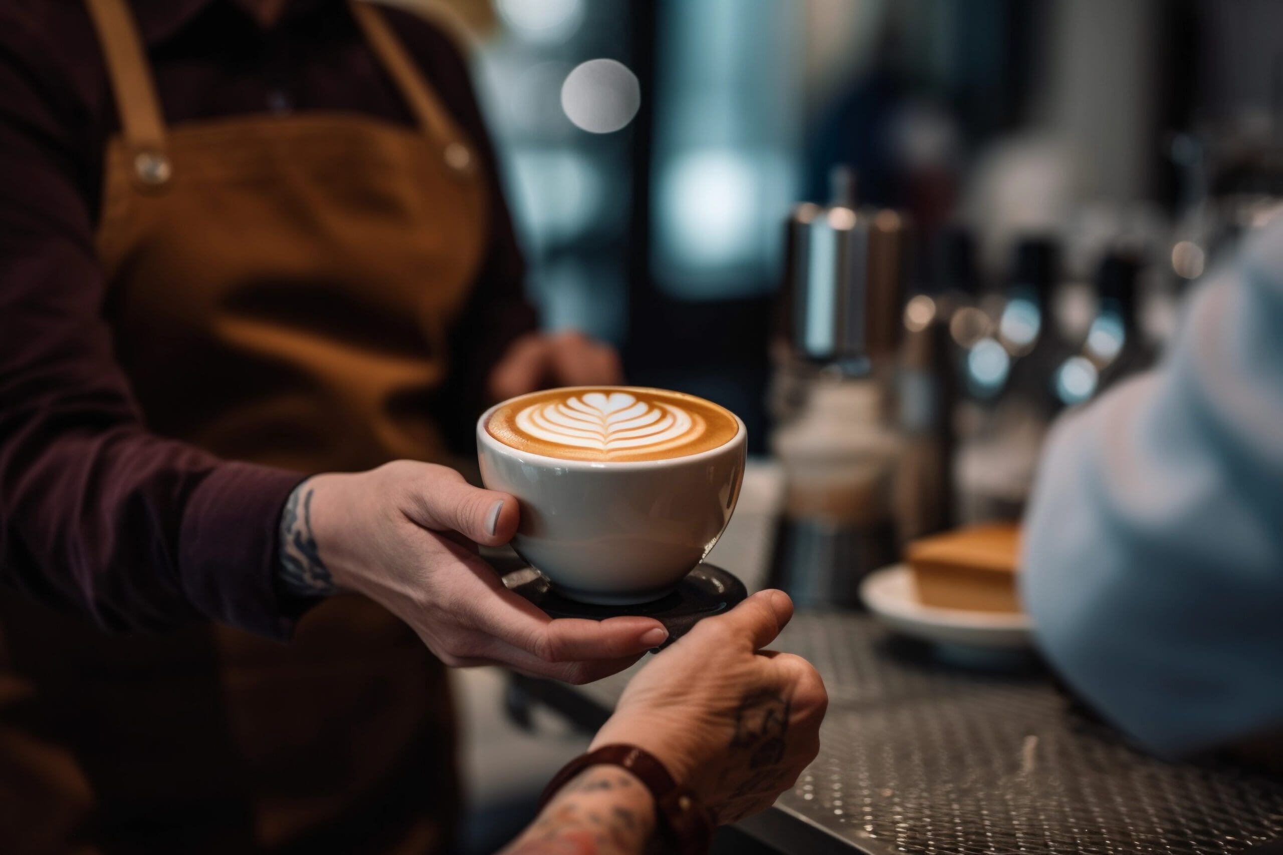 Midsection of barista serving coffee to a customer at a hip café