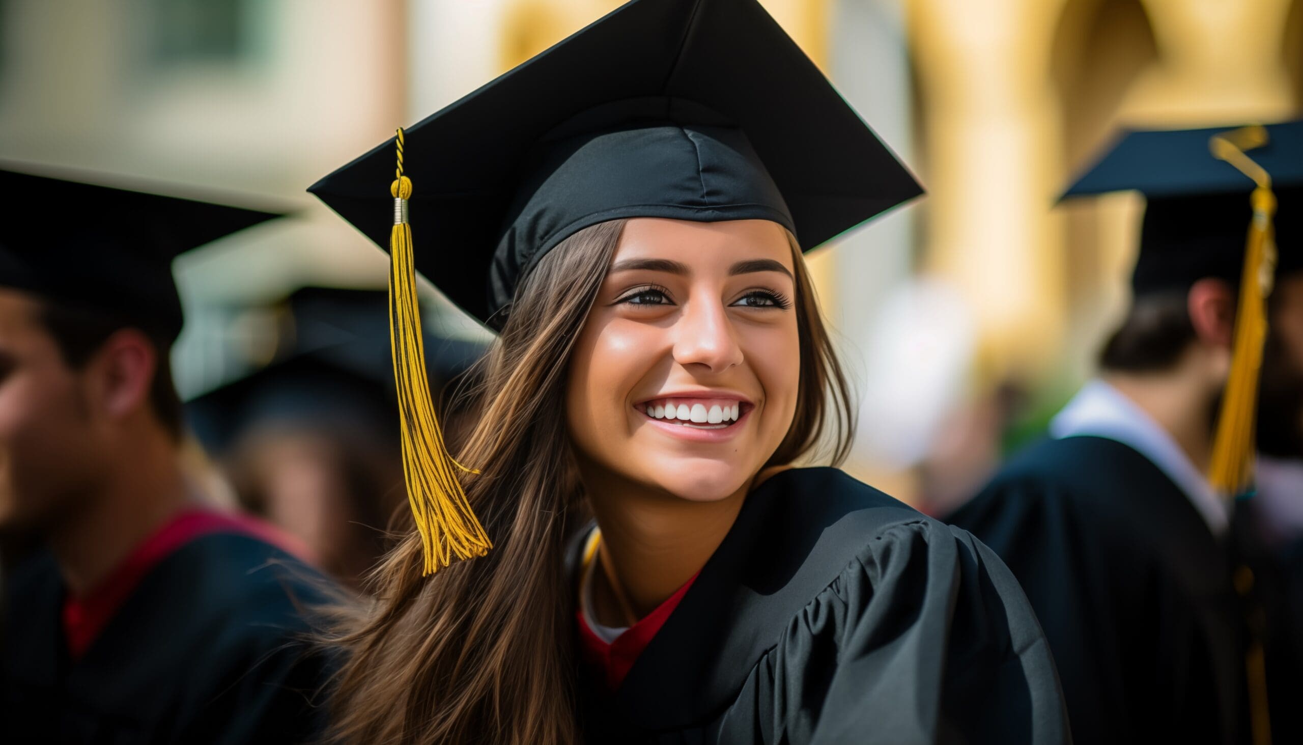 Smiling Latina student graduating from college or univeristy in graduate cap on bright sunny day outdoors