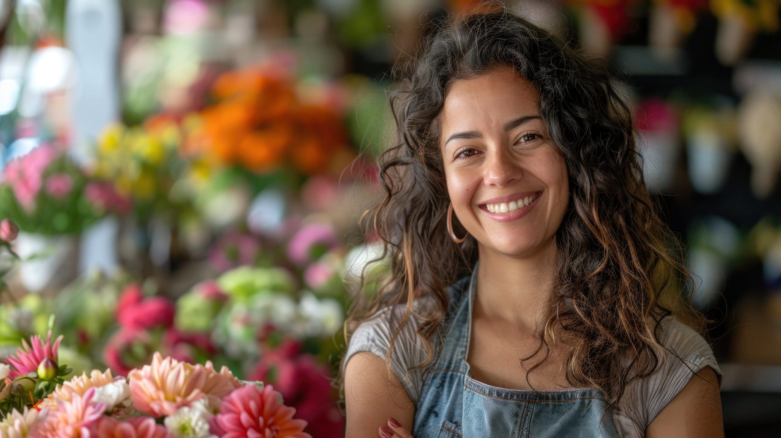 Hispanic female small business owner's smile reflects the pride she takes in her craft. Stand in front of the florist shop.