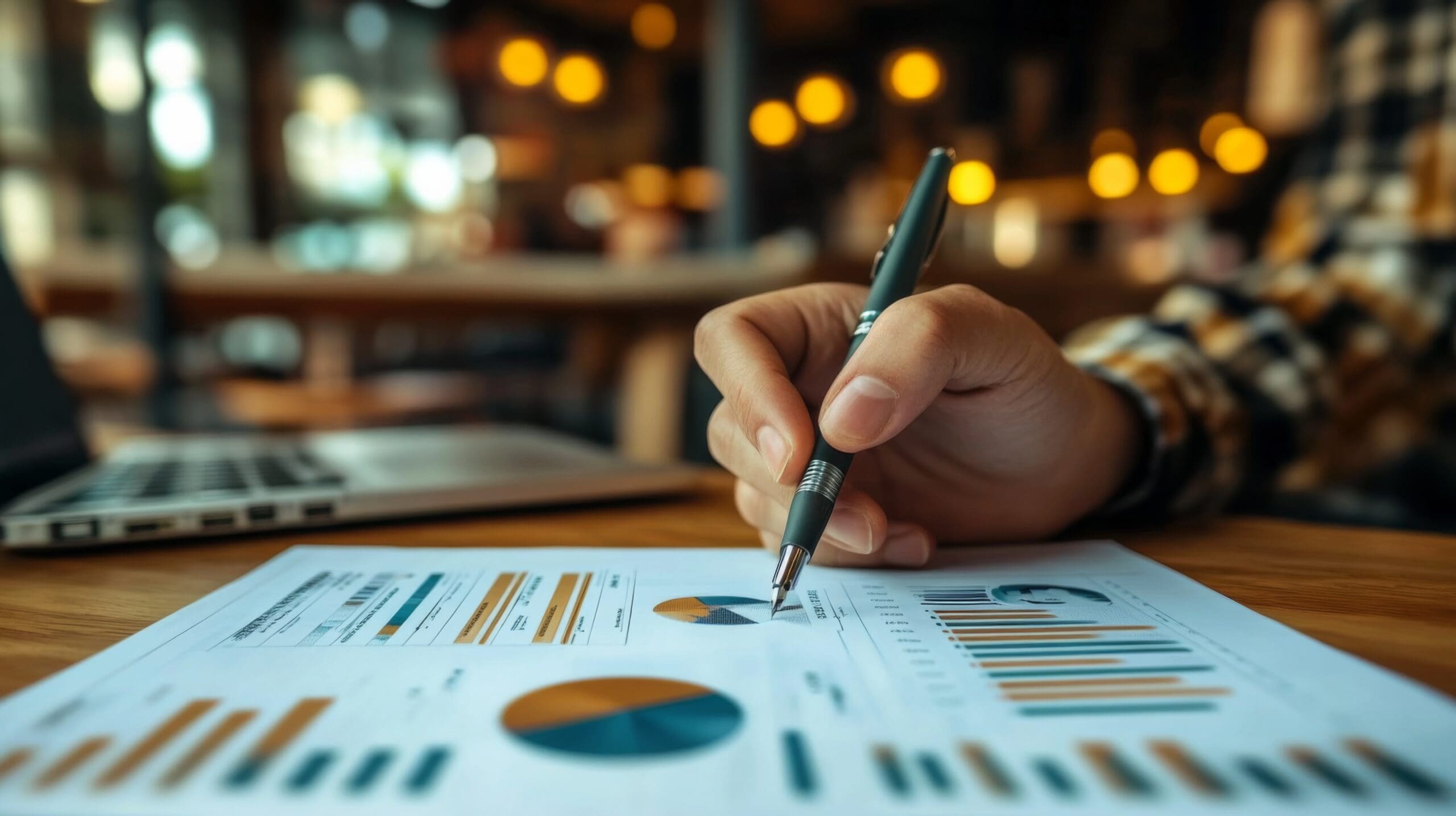 Person hand holding pen writing piece paper Entrepreneur reviewing monthly financial