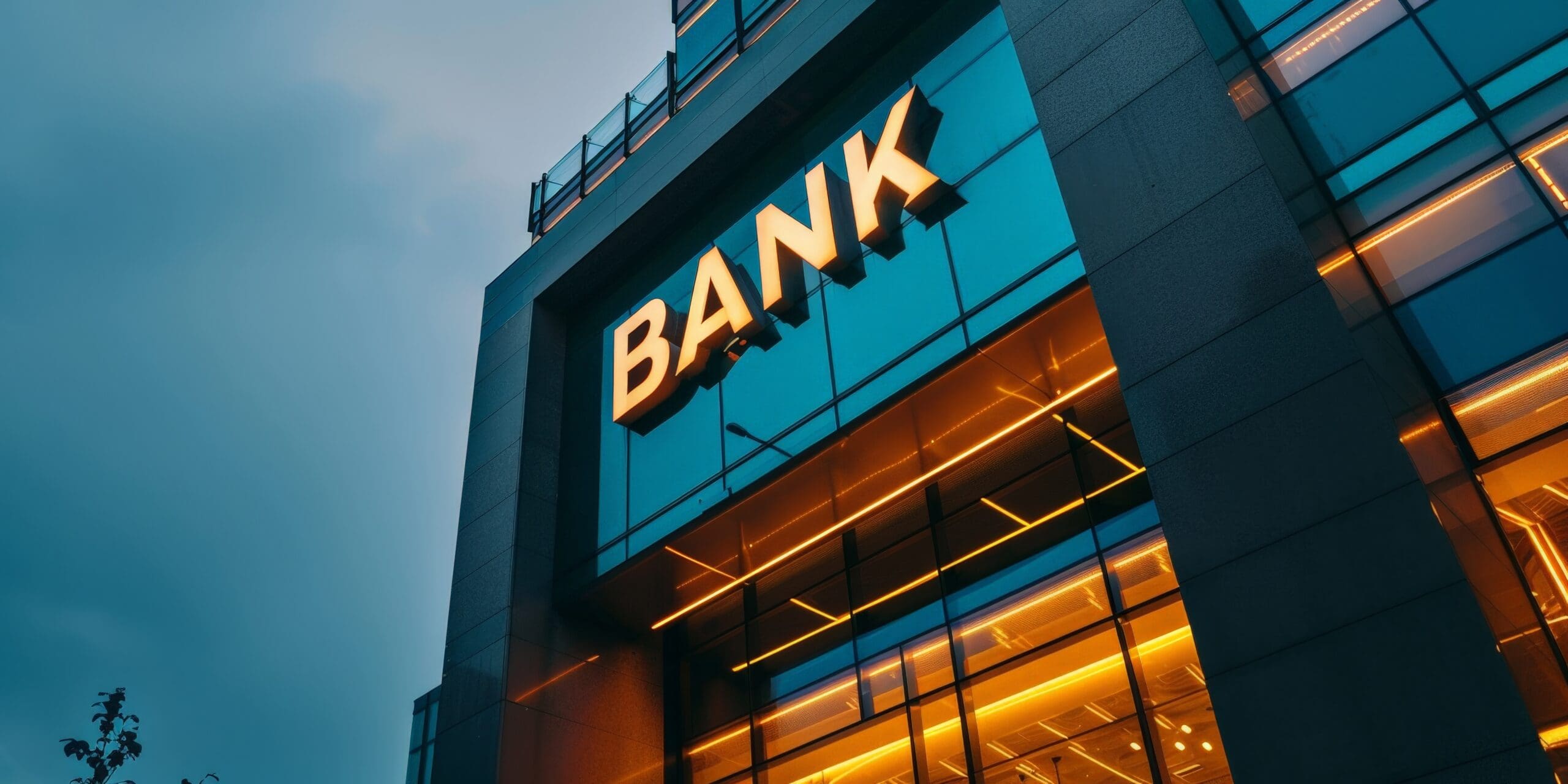 The sleek lines of a contemporary bank building are accentuated by the soft light of the evening, highlighting its illuminated sign.