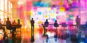 Collaborative Business Team Conducting Watercolor Style Risk Assessment Meeting with Flowcharts and