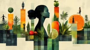 Wellness collage with serene woman silhouette surrounded by nature, fruits, and fitness elements illustrating holistic health balance and tranquility
