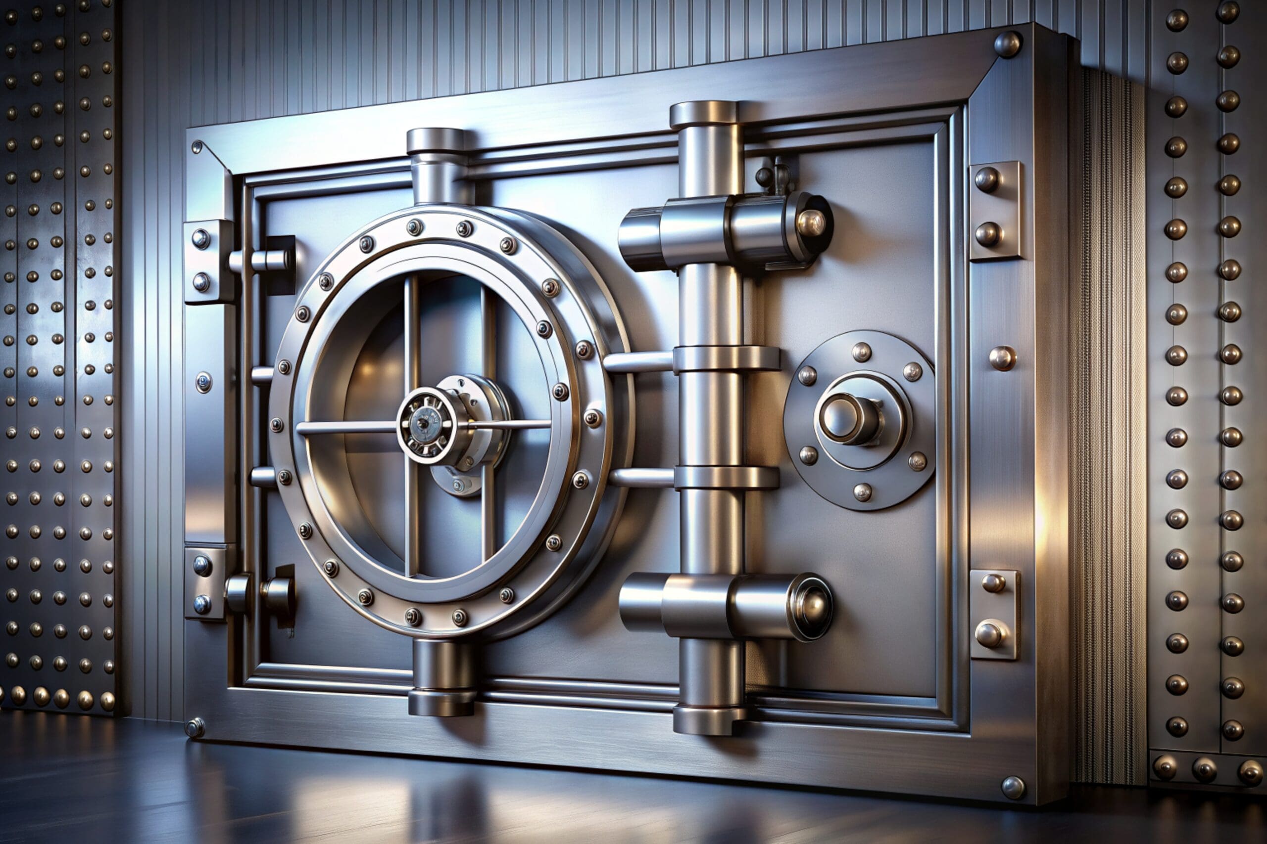 A solid steel vault for banking and storage, Metallic safe door