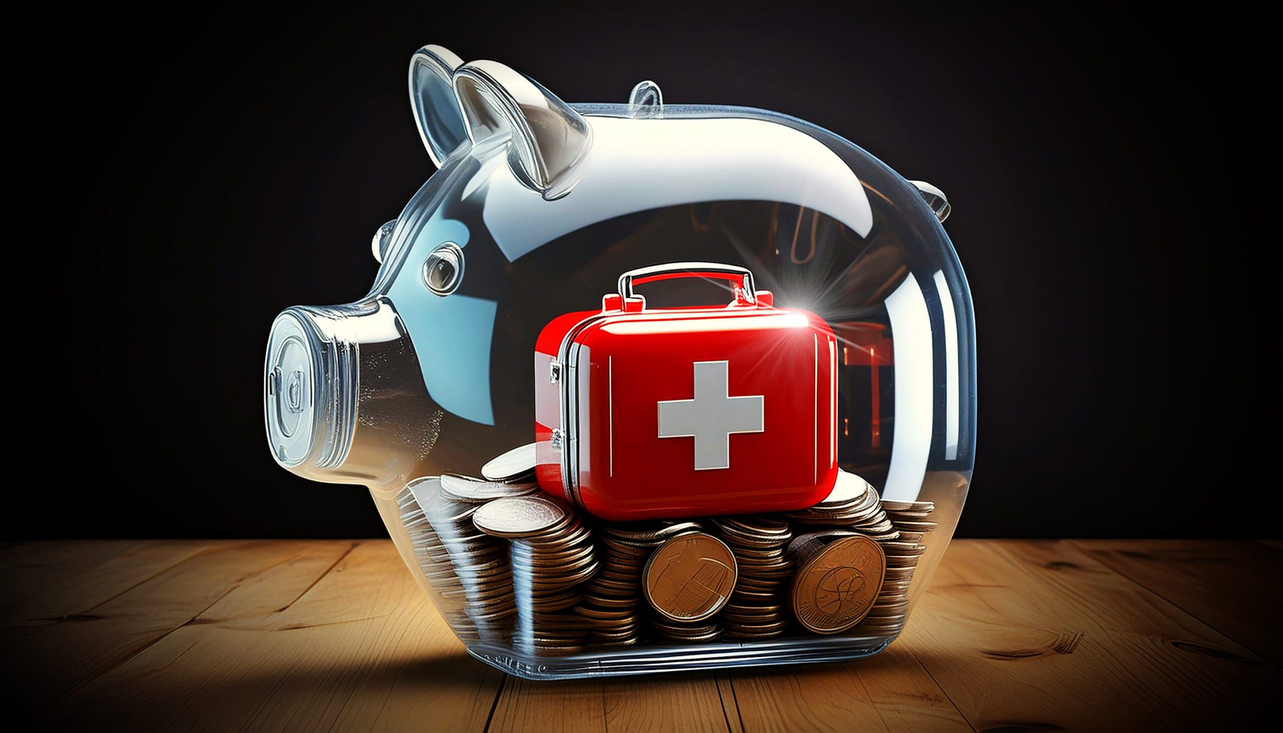 Transparent Glass Piggy Bank with Coins and a Small Red First Aid Kit Inside