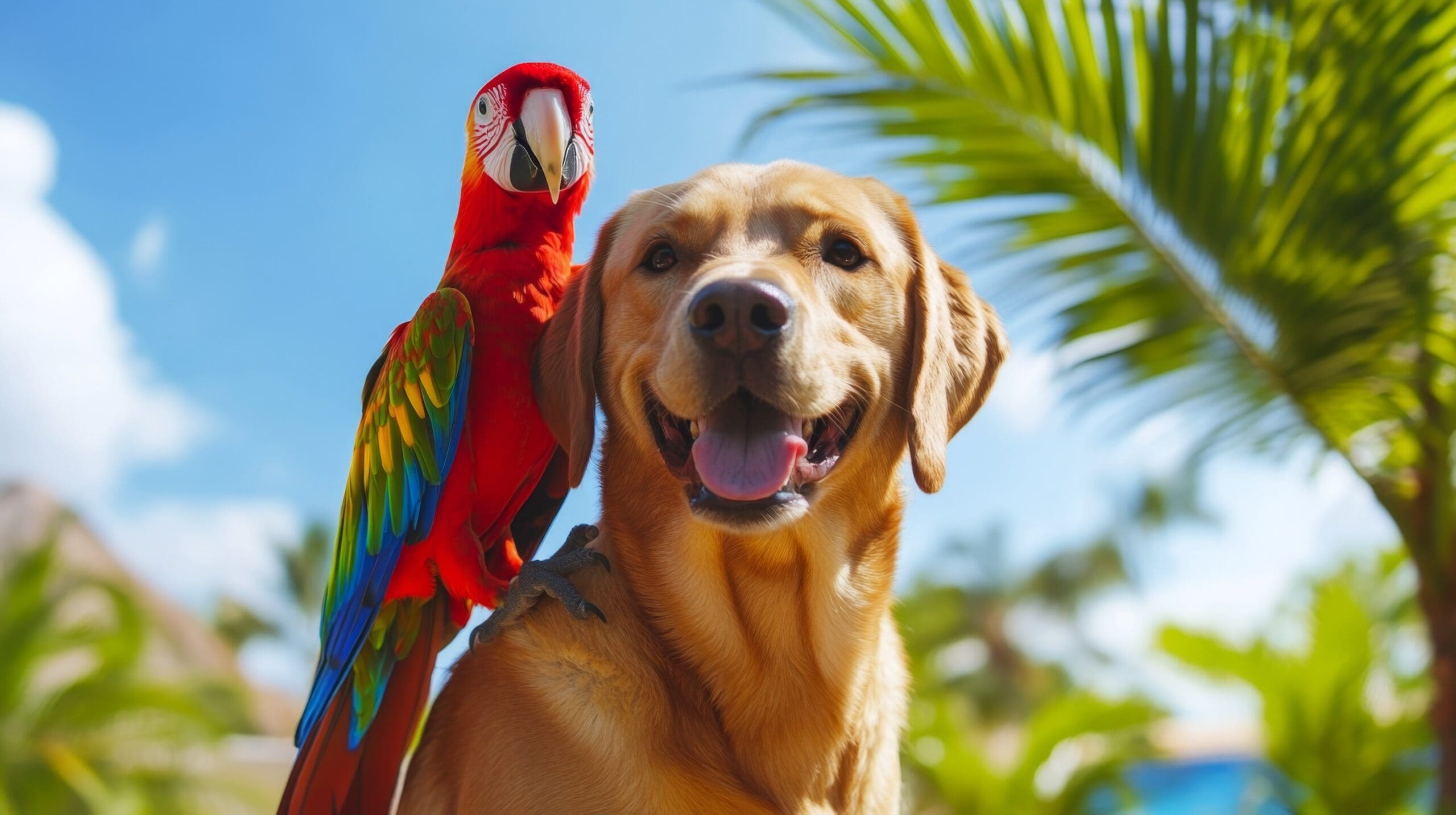 Parrot and Dog Friendship in Tropical Paradise