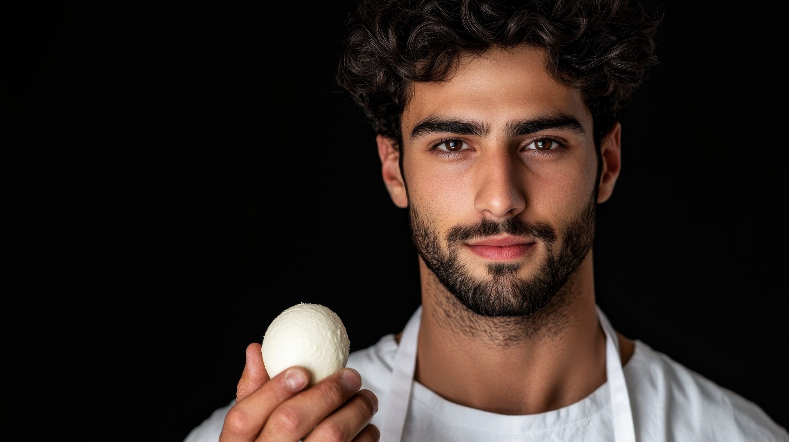 A man in an apron holding a white ball of dough