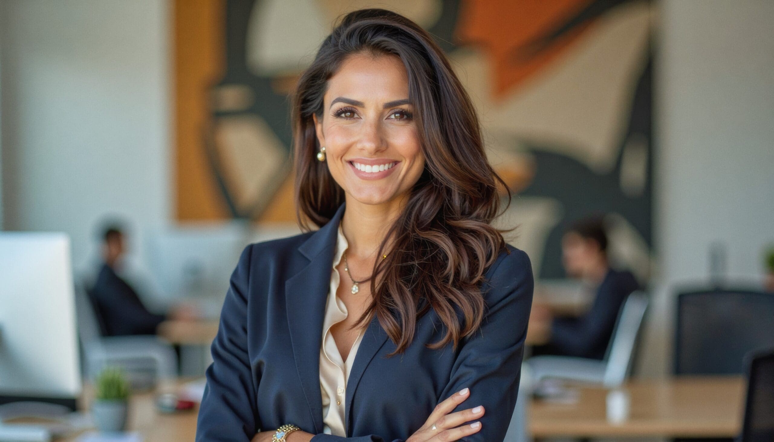 A portrait headshot photo of a friendly professional CEO executive business worker: A confident businesswoman with long, dark hair and a warm smile confidently poses in a modern office setting, w