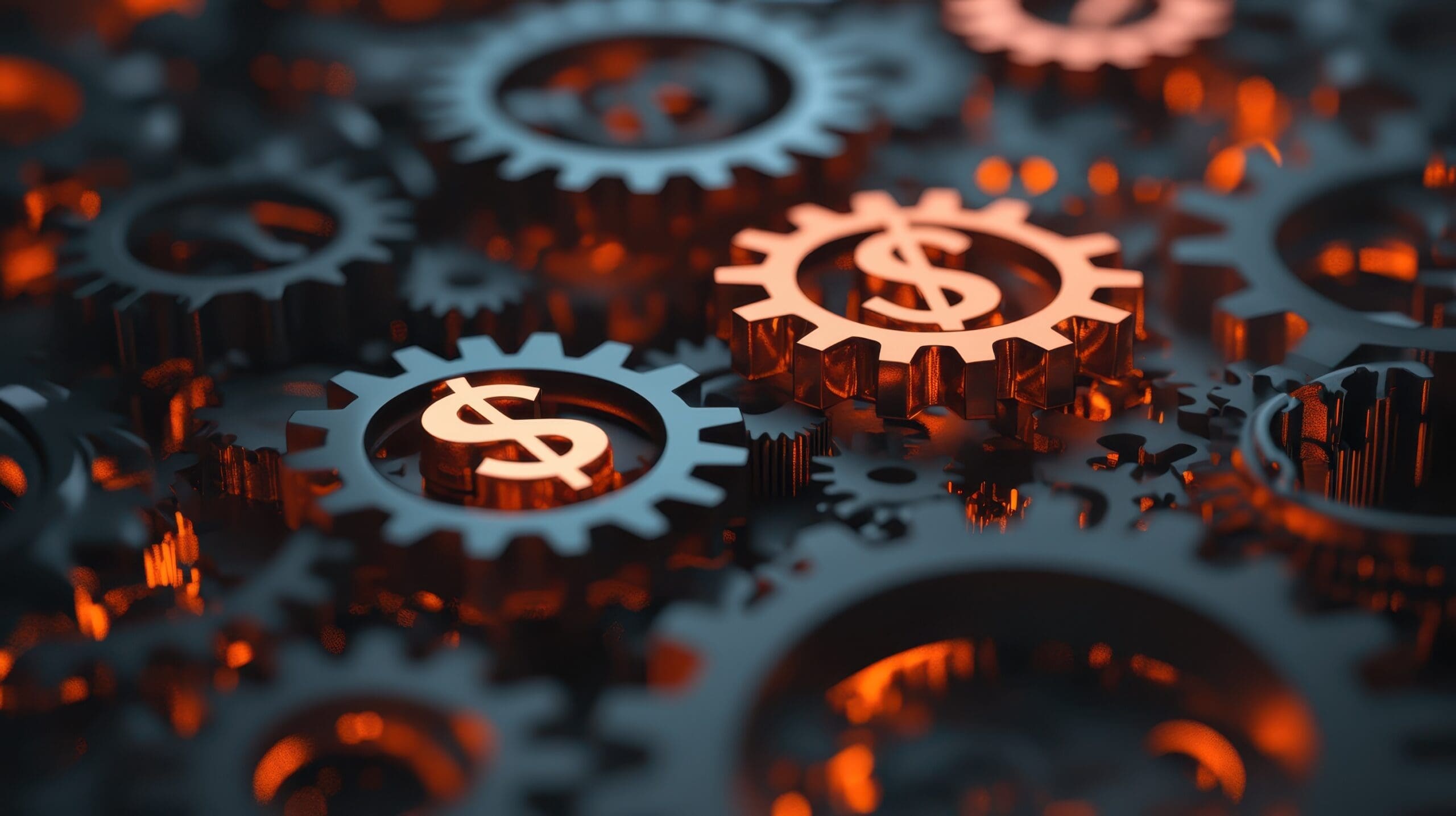 Floating gears and dollar signs symbolizing business profitability, 3D illustration