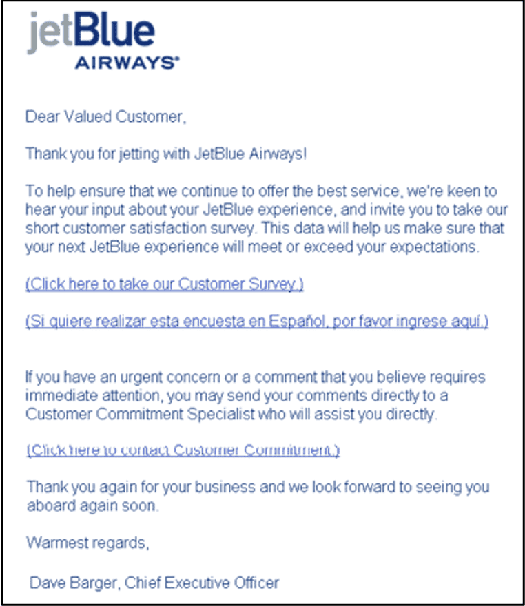 Jet Blue reaches out to customers to learn their preferences through points of contact